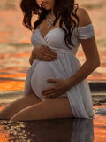 Beaumama robes de séance photo grossesse élégant fendu le côté faux deux tulle épaules dénudées v-cou femme enceinte