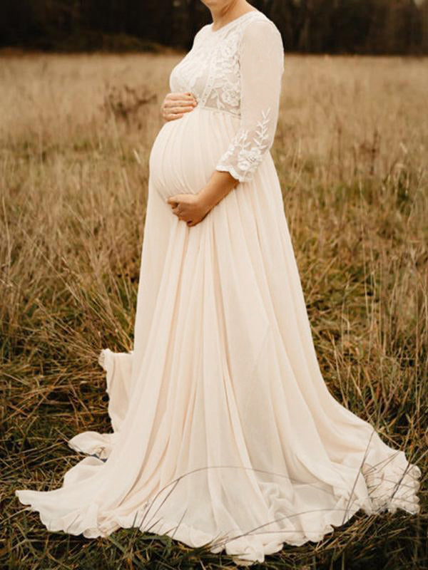 Beaumama robe longue de grossesse fluide dentelle manches longues photo femme enceinte