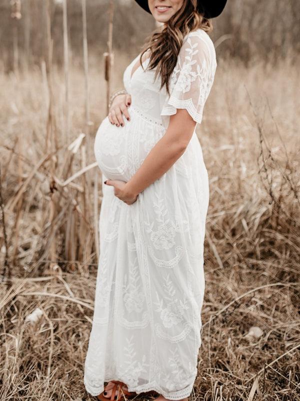 Beaumama robes photo longue grossesse baby shower dentelle bord ondulé v-cou femme enceinte