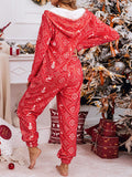 Beaumama pyjama noël polaire imprimé neige capuche mignon femme combinaison rouge
