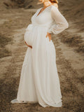 Beaumama robes photo longue grossesse Élégant Ceinture Manches longues baby shower femme enceinte