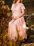 Beaumama robes mi-longue grossesse élégant dentelle broderie v-cou manches courtes femme enceinte