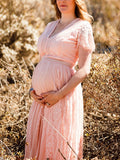 Beaumama robes mi-longue grossesse élégant dentelle broderie v-cou manches courtes femme enceinte