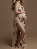 Beaumama robes longue grossesse enceinte shooting élégant Imprimé fleurie dos nu fendu le côté v-cou femme enceinte