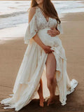 Beaumama robes de séance photo grossesse Élégant loose dentelle fendu le côté V-cou femme enceinte