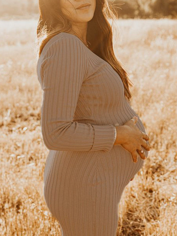 Beaumama robes longue grossesse baby shower décontracté moulante crochet tricot manches longues femme enceinte