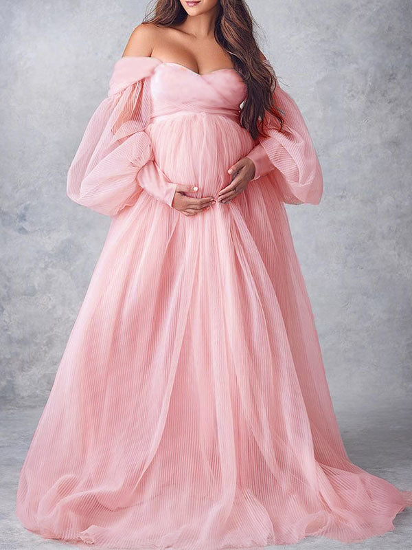 Beaumama robes de séance photo grossesse Élégant tutu off shoulder v-cou mousseline femme enceinte rose