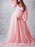 Beaumama robes de séance photo grossesse Élégant tutu off shoulder v-cou mousseline femme enceinte rose