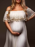 Beaumama robes de séance photo grossesse Élégant fendu le côté plissé frange épaules dénudées femme enceinte