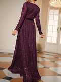 Beaumama robes longue soiré grossesse Élégant v-cou plissé paillettes croisé ceinture femme enceinte
