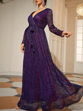 Beaumama robes longue soiré grossesse Élégant v-cou plissé paillettes croisé ceinture femme enceinte