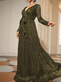 Beaumama robes longue soiré grossesse Élégant v-cou plissé paillettes croisé ceinture femme enceinte