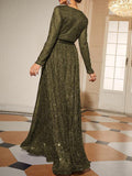 Beaumama robes longue soiré grossesse Élégant v-cou plissé paillettes croisé ceinture femme enceinte