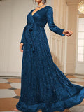 Beaumama robes longue soiré grossesse Élégant v-cou plissé paillettes croisé ceinture femme enceinte