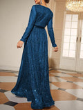 Beaumama robes longue soiré grossesse Élégant v-cou plissé paillettes croisé ceinture femme enceinte