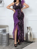 Beaumama robes longue grossesse élégant soirée brillante paillette volants fendu le côté femme enceinte