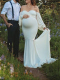 Beaumama robes photo longue grossesse élégant baby shower volants moulante sirene manchon de lanterne femme enceinte