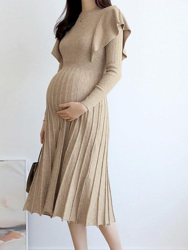 Beaumama robes longue grossesse Élégant col rond volants plissé femme enceinte