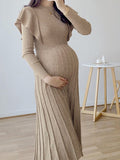 Beaumama robes longue grossesse Élégant col rond volants plissé femme enceinte