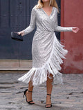 Beaumama robes mi-longue grossesse élégant cocktail soirée fendu le côté brillante paillette frange femme enceinte