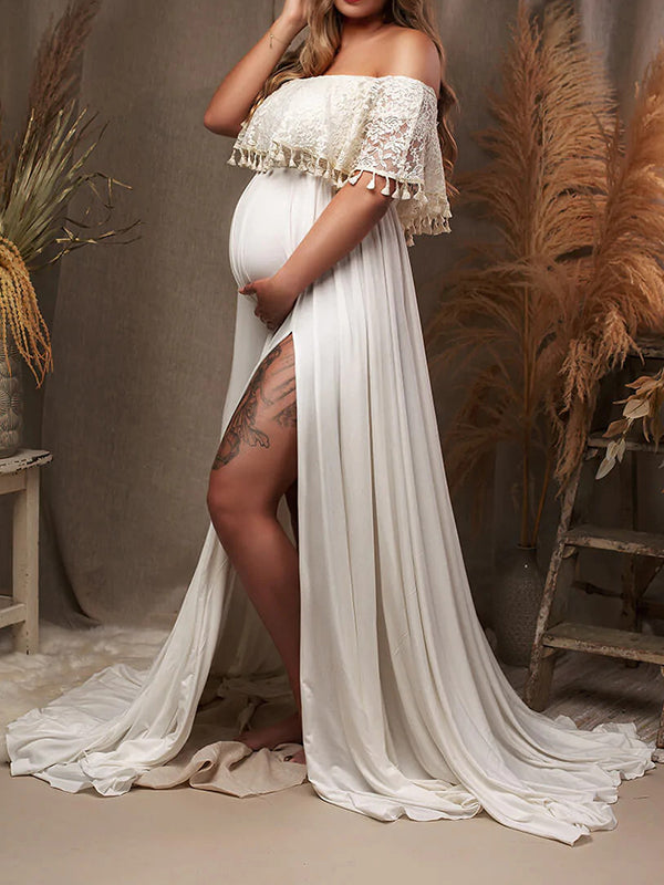 Beaumama robes photo longue grossesse élégant enceinte shooting dentelle volants frange fendu le côté queue femme enceinte