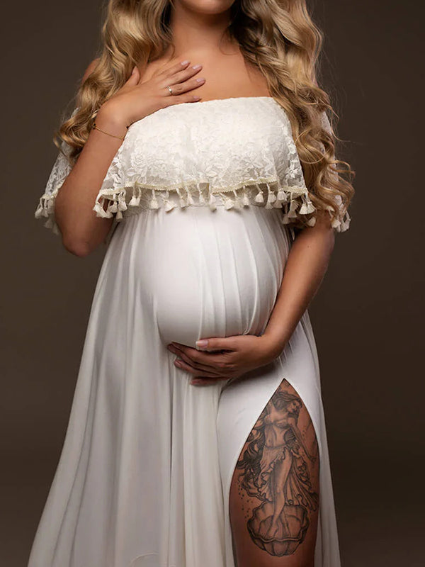 Beaumama robes photo longue grossesse élégant enceinte shooting dentelle volants frange fendu le côté queue femme enceinte