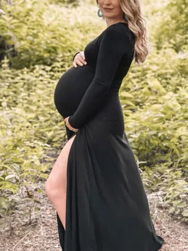 Beaumama robes longue grossesse élégant une pièce moulante fendu le côté col rond manches longues femme enceinte