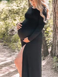 Beaumama robes longue grossesse élégant une pièce moulante fendu le côté col rond manches longues femme enceinte