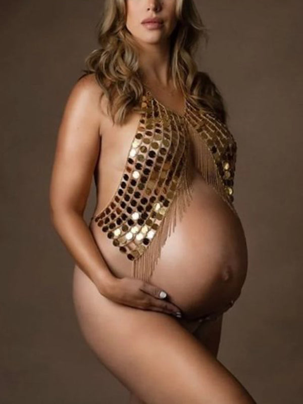 Beaumama soutien-gorge photo grossesse élégant enceinte shooting plage brillante paillette frange chaîne dos nu femme enceinte cache-maillots