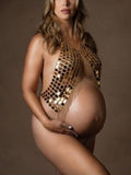 Beaumama soutien-gorge photo grossesse élégant enceinte shooting plage brillante paillette frange chaîne dos nu femme enceinte cache-maillots