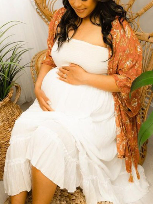 Beaumama robe photo longue grossesse élégant baby shower volants dos nu queue femme enceinte