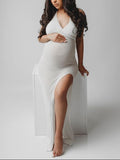 Beaumama robe photo longue grossesse élégant enceinte shooting dos nu fendu le côté transparent crochet tricot femme enceinte