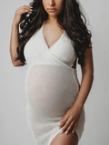 Beaumama robe photo longue grossesse élégant enceinte shooting dos nu fendu le côté transparent crochet tricot femme enceinte