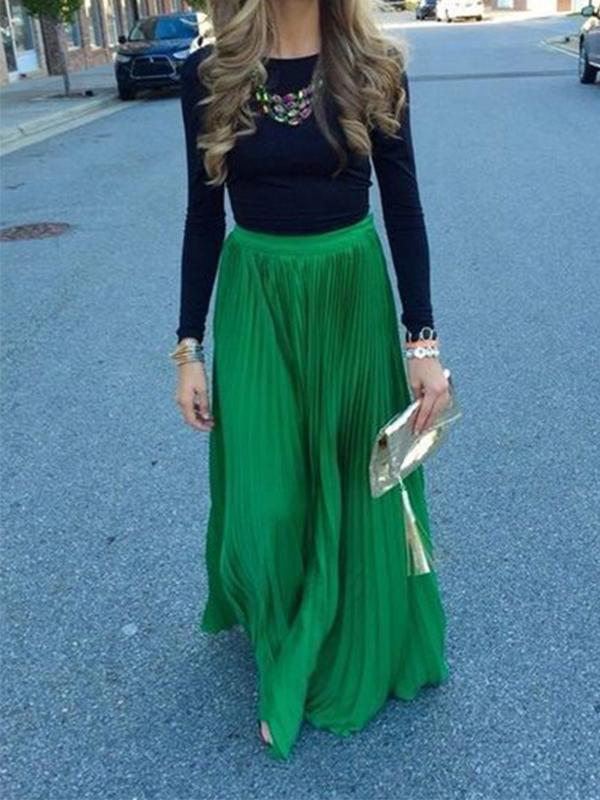 Beaumama jupe maxi longue taille élastique plissé élégant femme vert