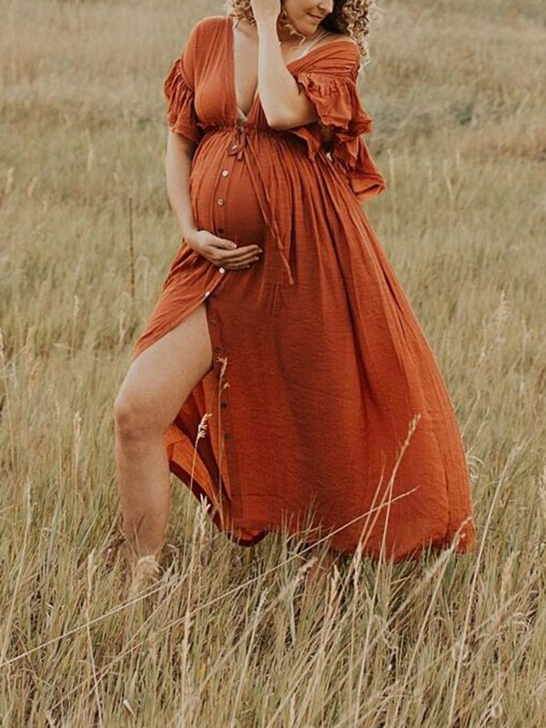 Beaumama robes photo longue grossesse élégant volants coulisse taille boutonnage femme enceinte rouille