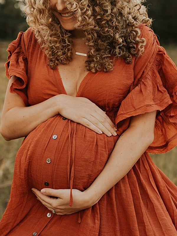 Beaumama robes photo longue grossesse élégant volants coulisse taille boutonnage femme enceinte rouille