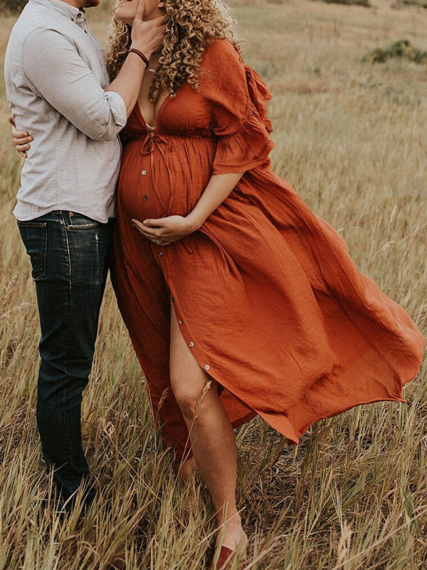 Beaumama robes photo longue grossesse élégant volants coulisse taille boutonnage femme enceinte rouille