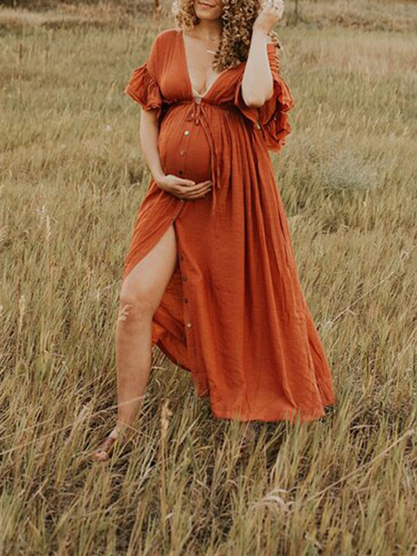 Beaumama robes photo longue grossesse élégant volants coulisse taille boutonnage femme enceinte rouille