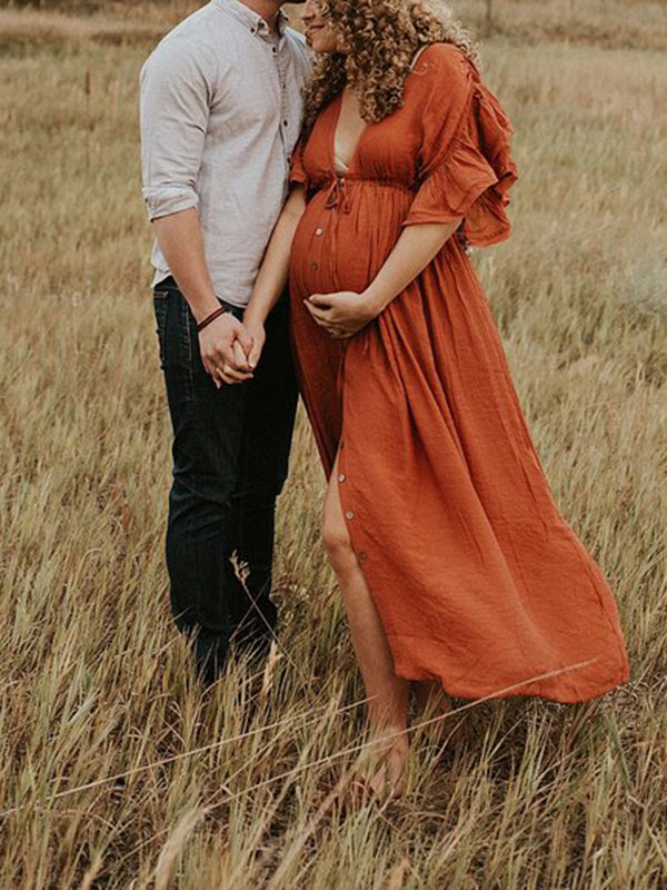 Beaumama robes photo longue grossesse élégant volants coulisse taille boutonnage femme enceinte rouille