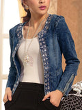 Beaumama veste en jean strass fermeture éclair mode femme jacket bleu