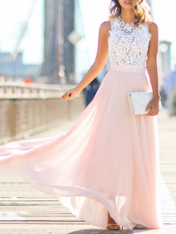 Beaumama robe longue avec dentelle mousseline fluide élégant rose et blanc