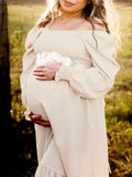 Beaumama robes photo longue grossesse élégant volants fluide col carré baby shower femme enceinte