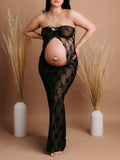 Beaumama robes photo longue grossesse baby shower élégant costume deux pièces dentelle transparent coulisse taille femme enceinte