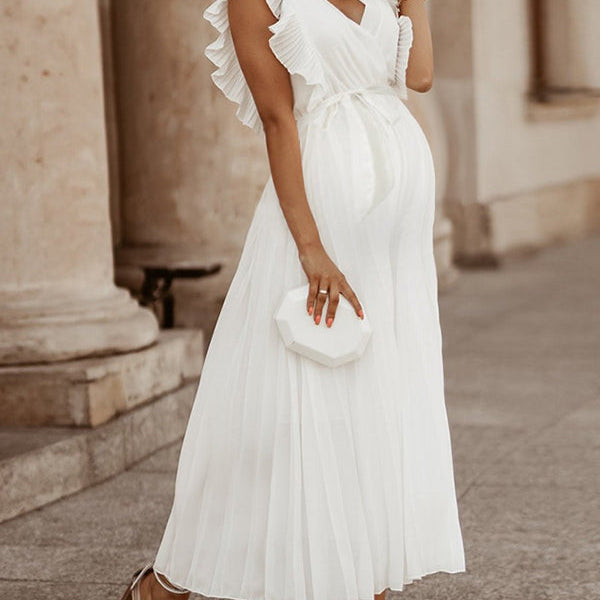 Robe longue grossesse mousseline à volants avec bas plissé