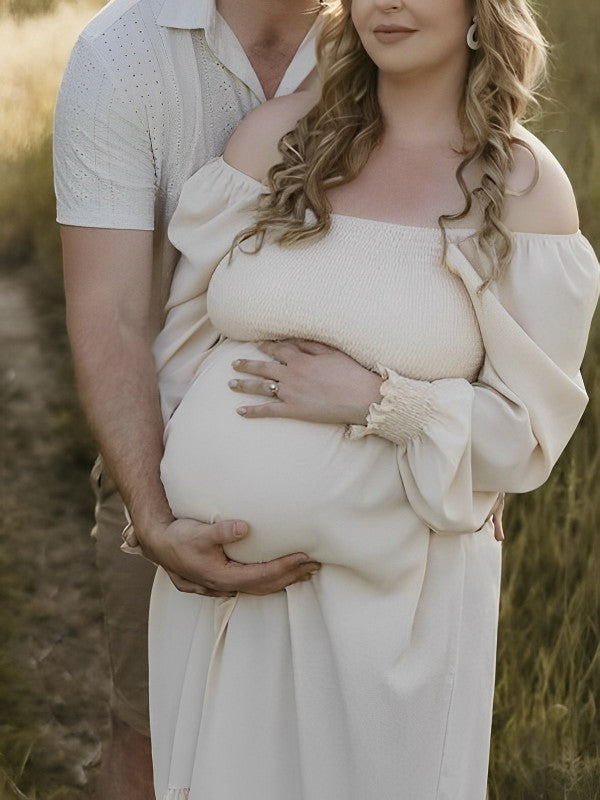 Beaumama robes photo longue grossesse élégant volants fluide col carré femme enceinte