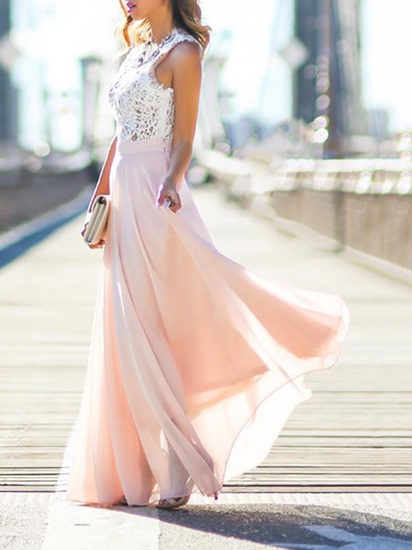 Beaumama robe longue avec dentelle mousseline fluide élégant rose et blanc
