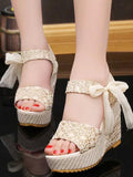Beaumama sandales à talons compensés à lacets en dentelle sandales de paille pour femmes enceinte
