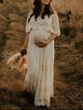 Beaumama robes photo longue grossesse de mariée bohème dentelle col bateau femme enceinte